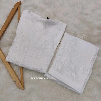 Women White Handmade Modal Cotton Kurta Pant Set Lucknowi Chikankari Ethnic Set - Image 1 of 4