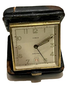 Vtg C1950s SEMCA Swiss Seven Jewels Travel Wind Up Alarm Clock W/ Date In Case - Picture 1 of 9