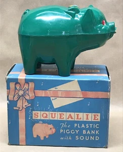 VTG 1950's SQUEALIE PIGGY BANK w/BOX no7 TOY TOWN CORP - Picture 1 of 12