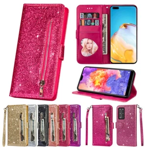 Glitter Leather Wallet Case Card Zip Flip Cover for Huawei P20/P30/P40 Lite Pro - Picture 1 of 18