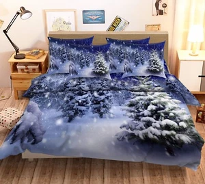 3D White Snow Pine Trees 6 Bed Pillowcases Quilt Duvet Cover Set Single Queen CA - Bild 1 von 6
