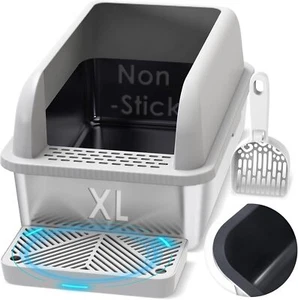 Non-Sticky Coated Stainless Steel Cat Litter Box with Lid Extra Large Litter Box - Picture 1 of 6