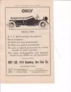 1911 "The Only Car" Speedster Print-Ad / Great Art / 1919 Broadway NYC - Bild 1 von 1