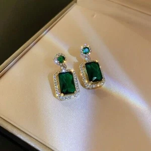 Earrings Crystal Emerald Rhinestone Gold Plated Zircon Rectangle Green Drop Gift - Picture 1 of 1