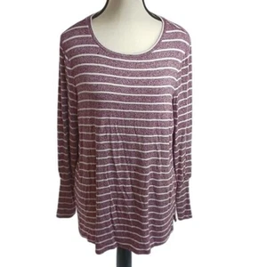 Ann Taylor Womens Size M Burgundy White Stripe Long Sleeve Scoop Neck Top - Picture 1 of 6