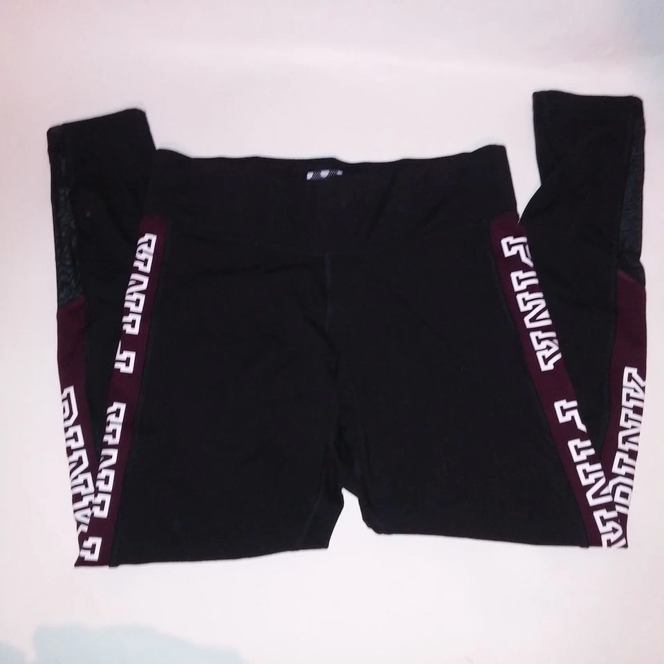 Victoria Secret PINK Leggings Ultimate Large Black Burgundy Logo Trim Inseam 27" - Image 1 of 4