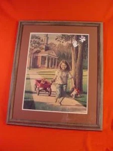Vintage tFramed Girl Pulling Dog Wagon Art Print Picture By Tam Nelian Artist - Picture 1 of 4