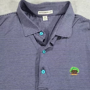 Peter Millar Men's Medium Dark Blue Stripe Polo Made in Korea course logo chest - Picture 1 of 7