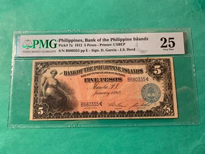 1912 BANK OF PHILIPPINES ISLANDS 5 PESOS GARCIA HORD SIGN P-7a PMG VF 25 SCARCE - Picture 1 of 2