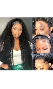 Deep Curly Lace Frontal Wig Transparent 13*4 Frontal Human curly Hair Wigs 24” - Picture 1 of 7