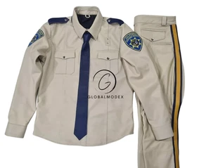 Men's Biker Style Beige Full Uniform Set Leather Shirt & Pant & Blue Tie - Picture 1 of 4