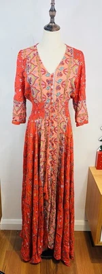 Jaase Floral Maxi Dress Size Large AU 14 16 US 10 12 Coral 3/4 Sleeve RRP$129 - Image 1 of 4