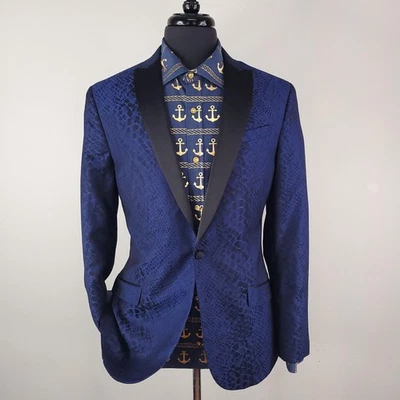 Blazer J Ferrar Para Hombres 40 Calce Ajustado Azul Negro Esmoquin Piel de Serpiente Pico Solapa Chaqueta Foto 1 de 4