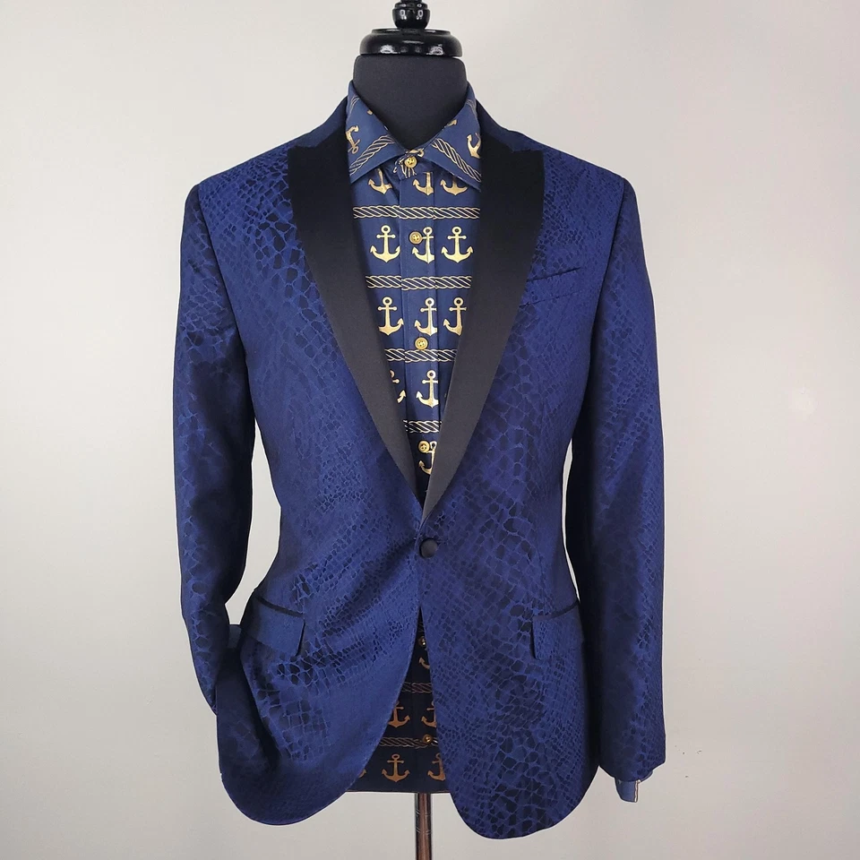 J Ferrar Blazer мужской 40 Slim Fit синий черный смокинг змеиная кожа пик лацкан куртка - Изображение 1 из 4