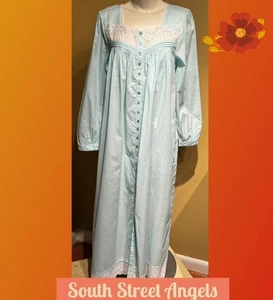 EILEEN WEST ~ LIGHT TURQUOISE LONG SLEEVE COTTON LAWN NIGHTGOWN / ROBE ~ SMALL - Picture 1 of 7