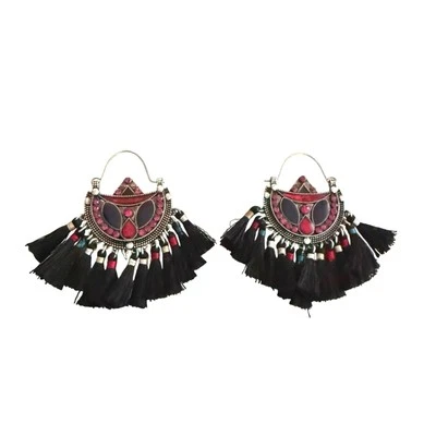 Bohemian Tassel Hoop Earrings With Pink Stones & Black Fringe - Image 1 of 4