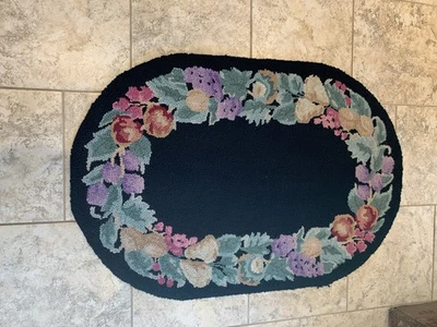 Vintage Hooked Rug 35 X 24-wool Pile- Black Floral- Primitive Decor - Image 1 of 4