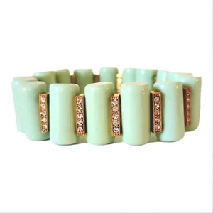 Vintage J Crew Art Deco Mint Green Acrylic Column Rhinestone Stretch Bracelet - Picture 1 of 6