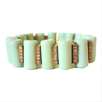 Vintage J Crew Art Deco Mint Green Acrylic Column Rhinestone Stretch Bracelet - Image 1 of 4