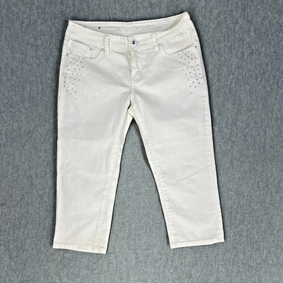 Pantalones de mezclilla Vivi Diva Capri para mujer 7 blancos adornados con estrás recortados 30Wx20L Foto 1 de 4