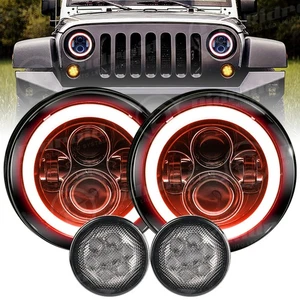 2007-2018 For Jeep Wrangler JK Red Halo 7'' LED Headlights Turn Signal Lights - Picture 1 of 17