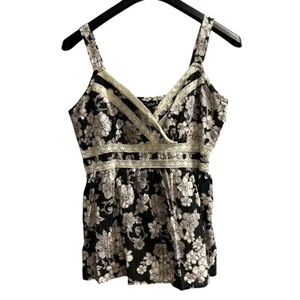 Ana Y2K Top Womens M Black Floral Babydoll Lace Trim Tank 90s Festival Boho - Picture 1 of 7