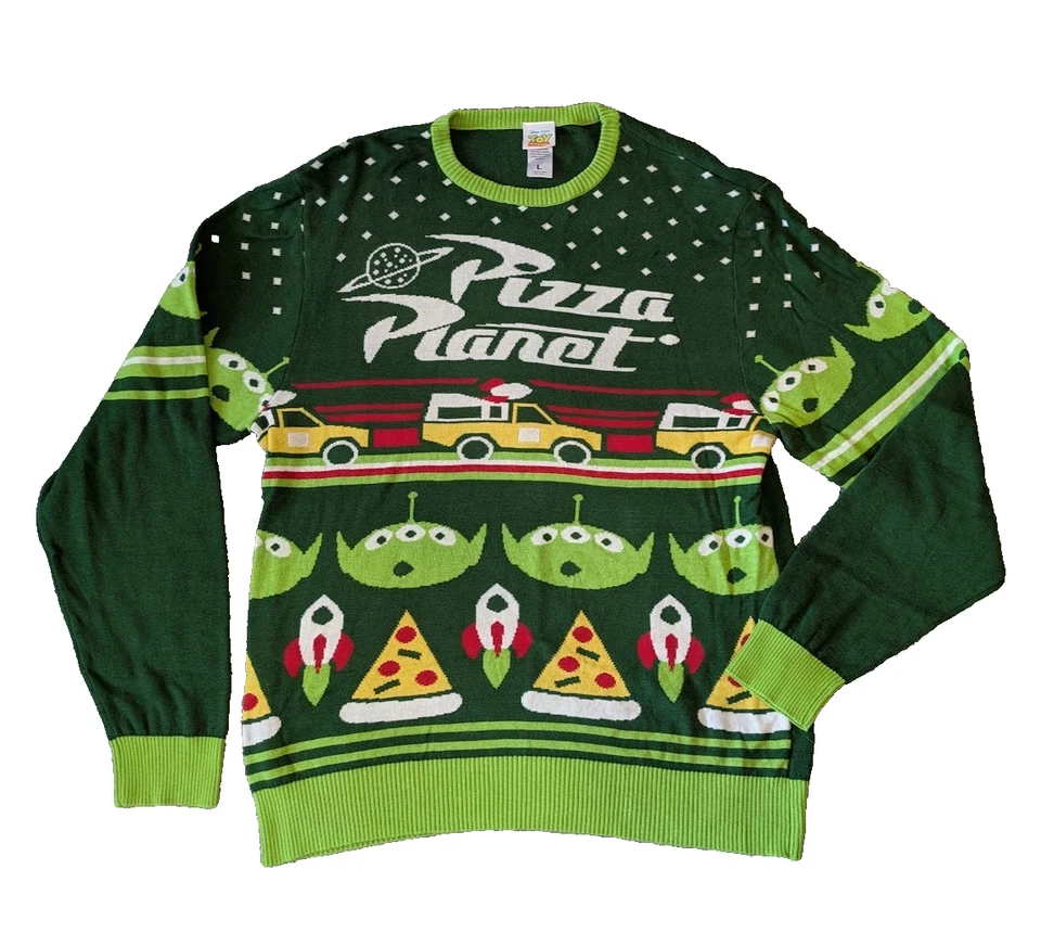 Disney Pixar Pizza Planet Suéter Aliens Verde Adulto Grande Cohetes Navidad Foto 1 de 4