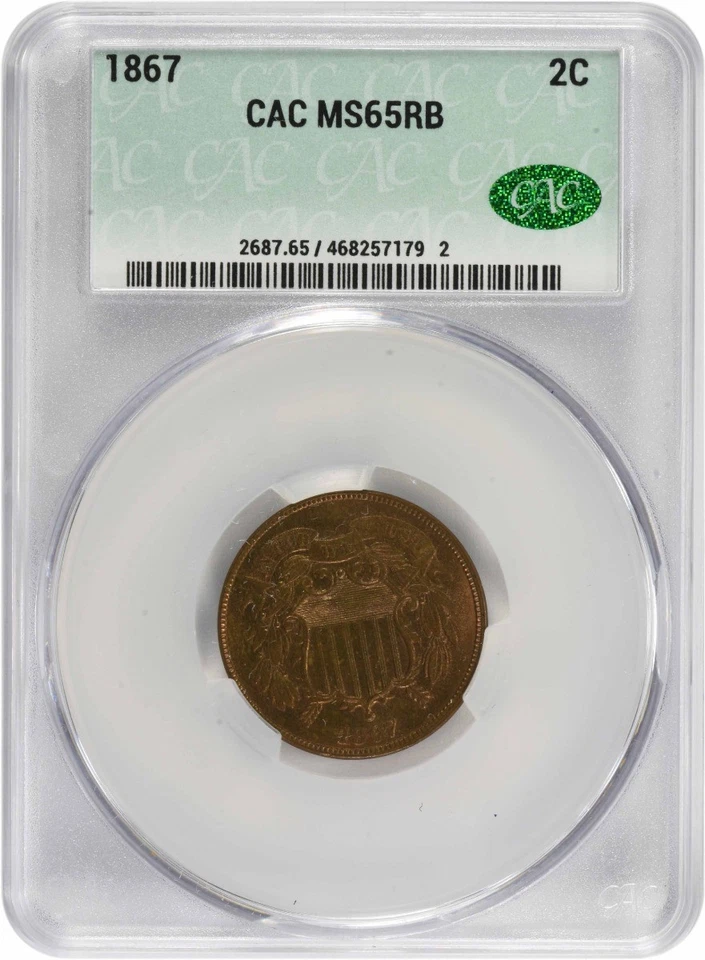 1867 Two Cent Piece MS65RB CACG - Image 1 of 4