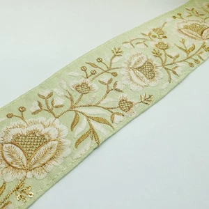 1 m 7,5 cm verde pistacchio oro profondo fiori indiani sari bordo nastro treccia - Foto 1 di 2