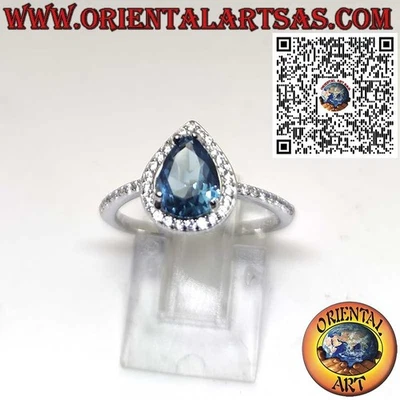 Anello in Argento 925‰ con Topazio Blu di Londra a Goccia contornato da Zirconi - Immagine 1 di 4