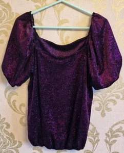 Purple Sparkly Ladies Black Lined Blouse Size 12 By M & Co Gathered Waist - Picture 1 of 7