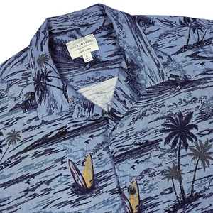 Lucky Brand Shirt Mens Large Loop Collar Camp Linen Blue Button Up Hawaiian - Picture 1 of 14