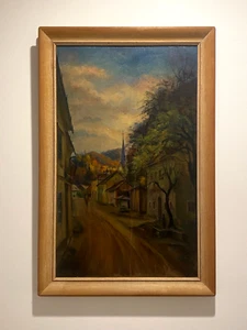 Pintura al óleo sobre lienzo de la escuela austriaca de 1940. Escenario de iglesia y pueblo. - Imagen 1 de 7
