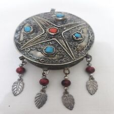 Vintage Filigree Trinket Jewelry Silver Metal Box Coral Ornate Amulet Pendant 2"