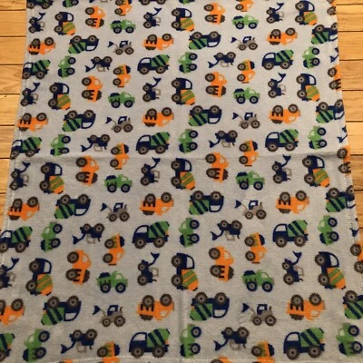 Cutie Pie Blue Construction Vehicles Baby Blanket Dump Truck Cement Mixer Dozer - Image 1 of 3