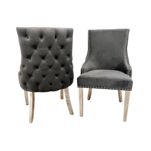 2er Set Esszimmerstuhl Kensington dunkelgrau Samt Nieten Chrombeine - Bild 1 von 3