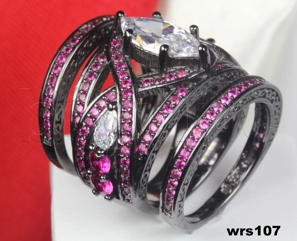 Fantasy Marquise Pink CZ Disney Black Rhodium Engagement Wedding Rings - Image 1 of 1