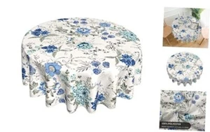 Spring Summer Floral Tablecloth Butterfly Bird Flower 60" (Round) Blue Floral - Picture 1 of 8