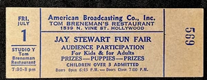 Boleto de colección ABC Tom Brennaman’s Restaurant Hollywood CA Jay Stewart FUN FAIR - Imagen 1 de 6