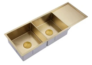 2023 Brushed Brass Gold stainless steel double bowl kitchen sink drainer r10 mm - Foto 1 di 10