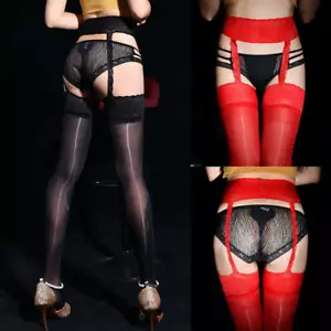 Lady Oil Shiny Glossy Garter Belt Stockings Lingerie Crotchless Tights Pantyhose - Picture 1 of 22