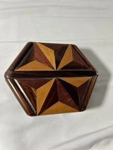 Japanese Jewelry Box Muku Parquetry Hexagonal Solid Wood Mosaic SEE FLAWS/pics - Picture 1 of 11