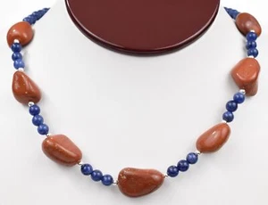 Sterling 22" 6mm Lapis Lazuli Necklace w/ Nugget Natural Red Jasper Accents - Picture 1 of 11