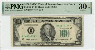 1950C $100 Federal Reserve Note New York  Fr# 2160-B* PMG VF30 EPQ - Image 1 of 2