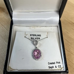 Halskette mit Anhänger 925 Sterlingsilber rosa kreiert Saphir und CZ - Bild 1 von 8