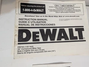 Dewalt 10" Compound Miter Saw DW703 Owners Instructions Book Manual Only 120v - Picture 1 of 1
