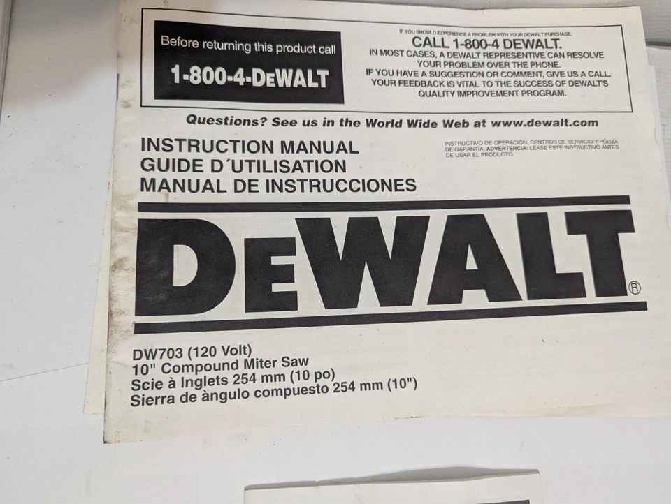 Dewalt 10" Compound Miter Saw DW703 Owners Instructions Book Manual Only 120v - Image 1 of 1