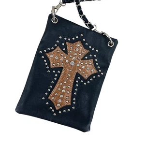 Crossbody Purse Messenger Bag w/Jewel Studded Cross Black Leather 8"x6" - Picture 1 of 11