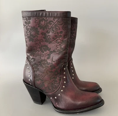 Joe Boots Femininas Tamanho 8/25 Mx Borgonha Couro Ocidental Cowboy Cravejado Floral - Imagem 1 de 4
