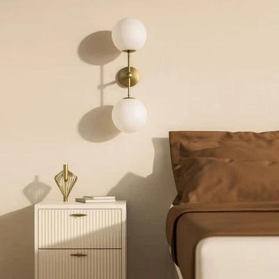 Mid Century Modern Double Globe Wall Sconce – Brass Light Fixture with Frosted G - Image 1 of 4